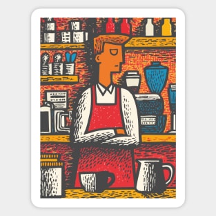 Retro Barista at Work | Coffee Shop Woodcut Art Sticker
